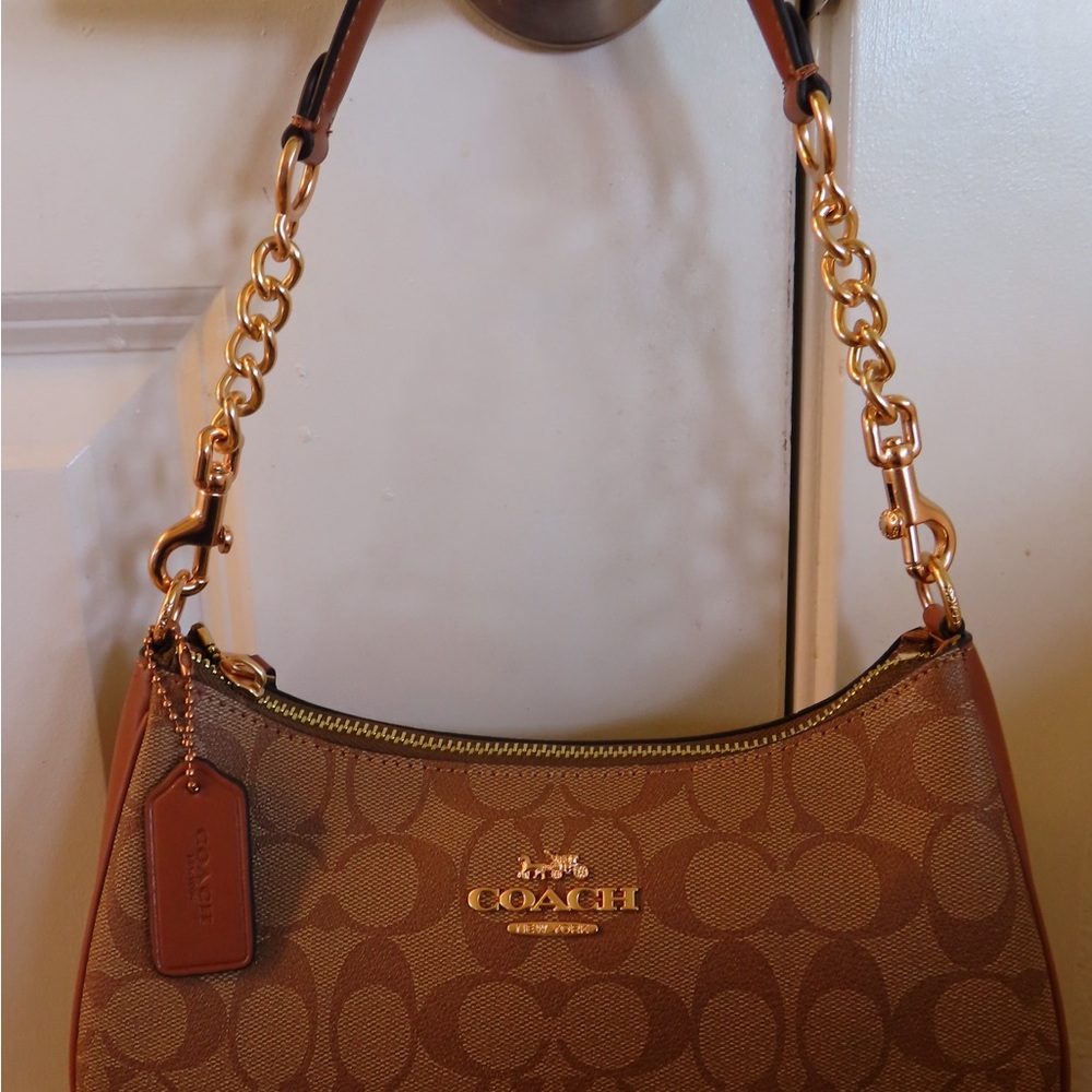 Coach Signature Canvas Shoulder Hobo in Brown with Gold Hardware
